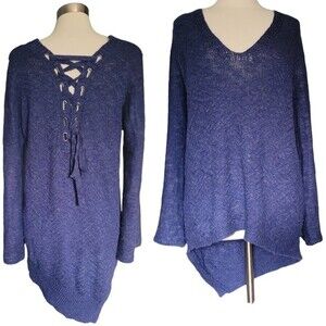 Democracy Blue Lace-up Bell Sleeve Asymmetrical/High-Low Sweater - XL